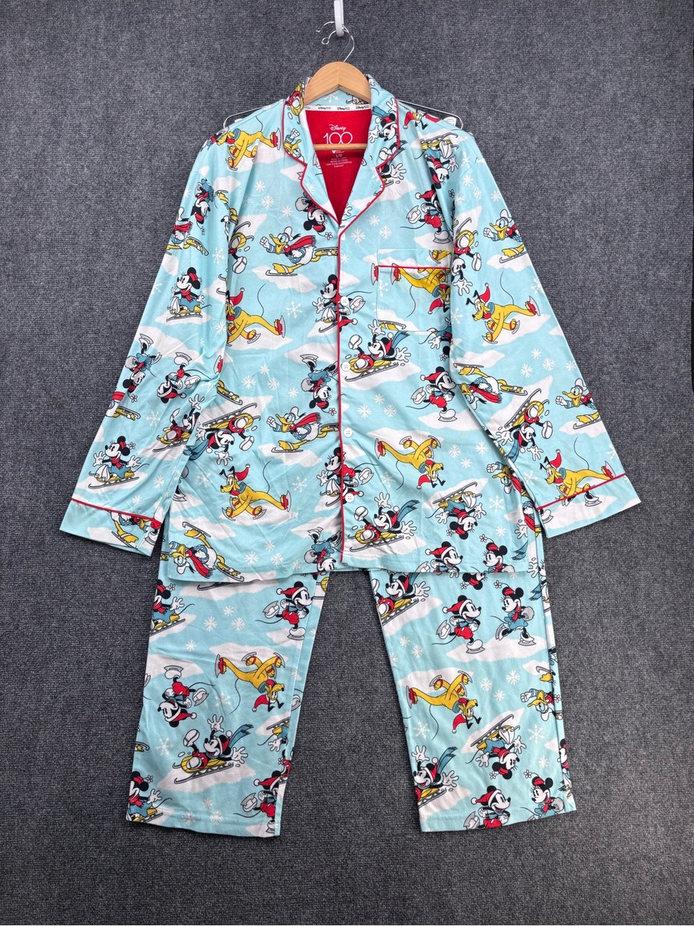 Disney 100 Aqua 2 Piece Winter Holiday Mickey & Friends Pajama Set Women’s L